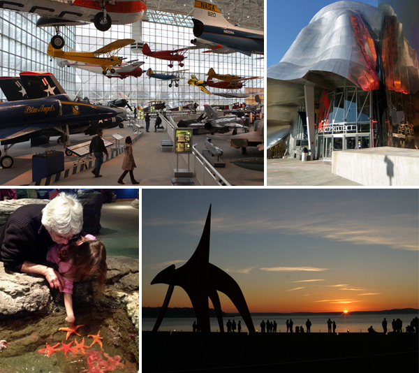 Algumas atrações da cidade: Museum of Flight, EMP, Seattle Aquarium e Olympic Sculpture Park