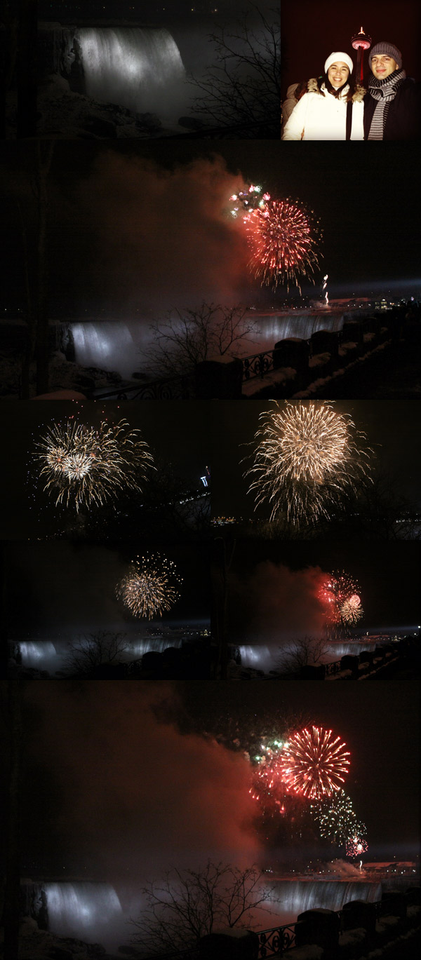 Os fogos de Ano Novo sobre as Cataratas do Niágara em Niagara Falls, Canadá