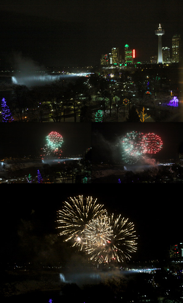 Queima de fogos das 21h, vista do nosso quarto no Sheraton on the Falls, Niagara Falls, Canadá