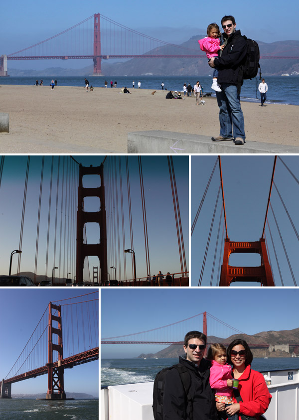 Vendo a Golden Gate da praia de Crissy Field, de dentro do carro e do passeio de barco