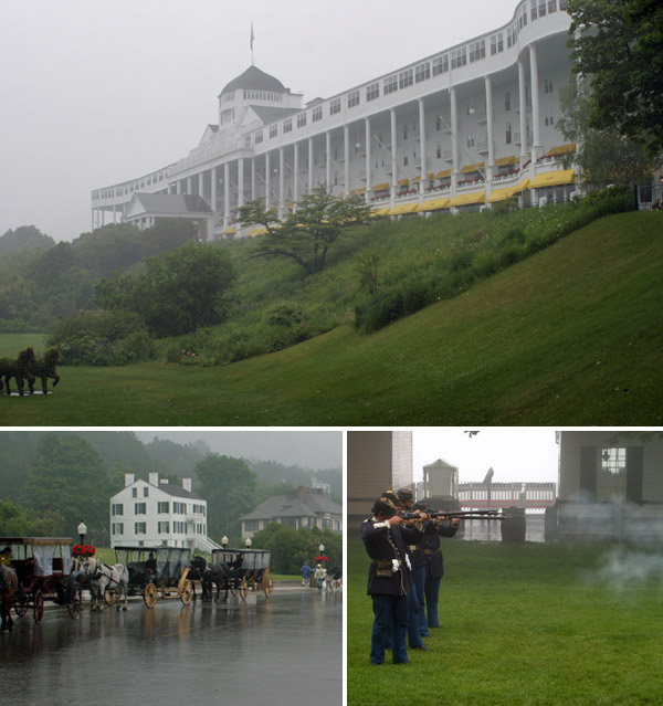 Grand Hotel e os soldados em ação no forte em Mackinac Island, em dia de muita neblina