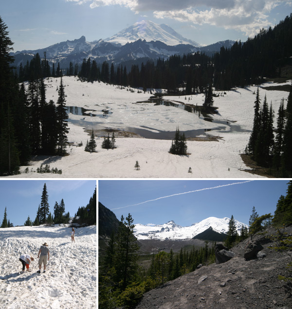 Chegando pertinho do pico do Mt Rainier e fazendo uma guerra de bolas de neve de short e camiseta