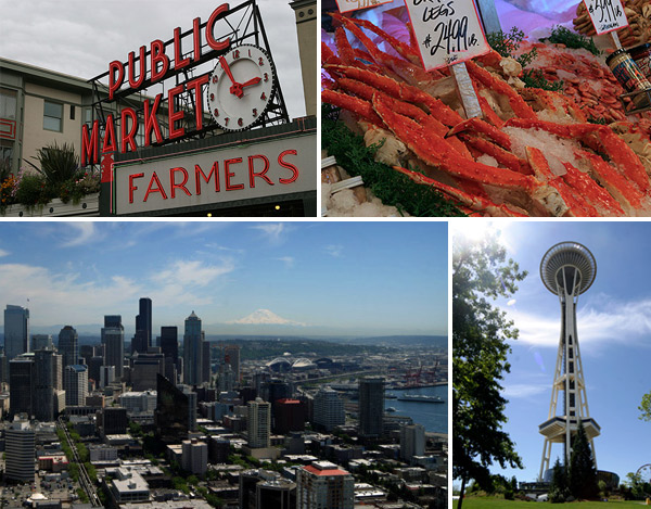 O centenário Pike Place Market, a Space Needle e a vista lá de cima