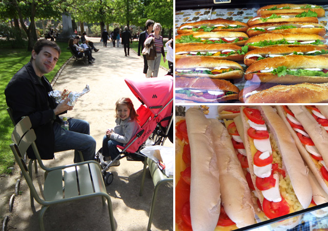 Gabe e Julia comendo sanduíches na baguette no Jardim de Luxemburgo