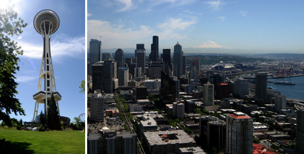 A Space Needle e a vista lá de cima, na nossa primeira visita em maio de 2005