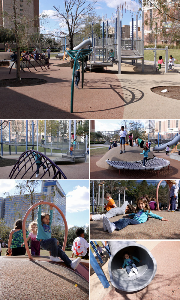 Julia curtindo o playground do Discovery Green em Houston