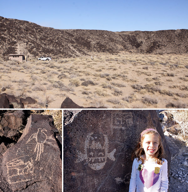 Visitando o Petroglyph National Monument, em Albuquerque, Novo México (Julia com suas badges de Junior Ranger)