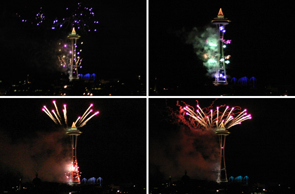 Os fogos do Reveillon na Space Needle, vistos do cruzeiro da Argosy