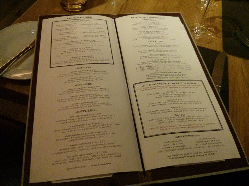 menu do Bar Boulud Londres