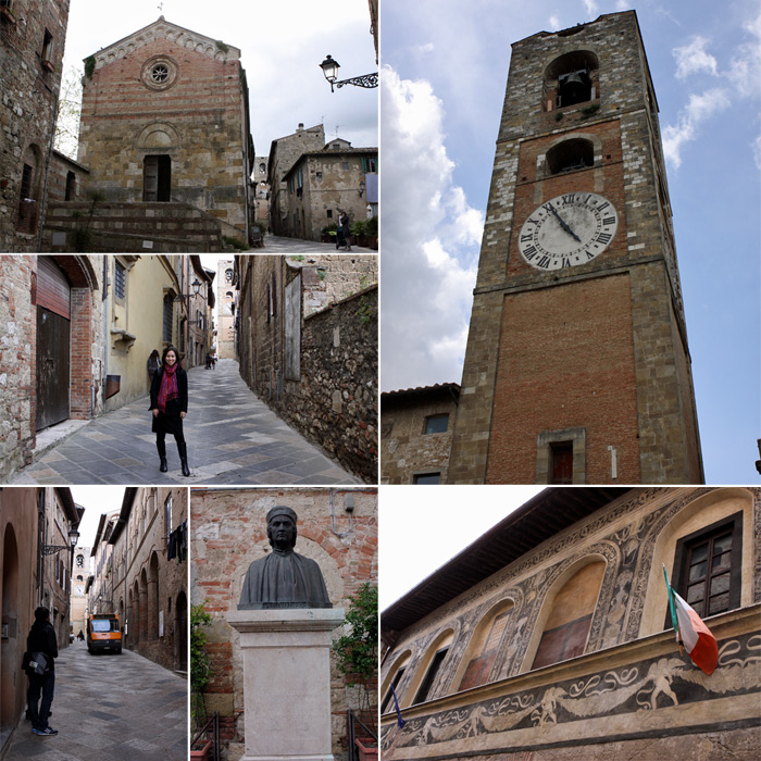 Passeando por Colle Alta, a Chiesa, a torre do Duomo, estátua de Arnolfo di Cambio e o Palazzo del Comune