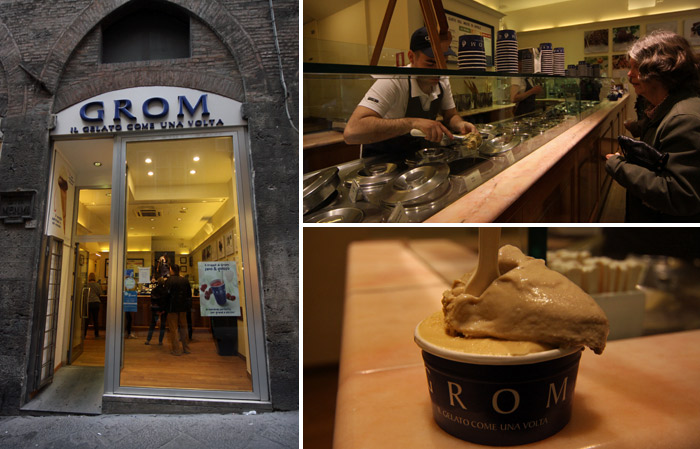 Gelato delicioso no Grom em Siena