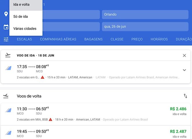 Múltiplos destinos Google flights