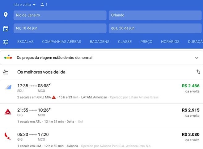 Escolhendo voo Google flights