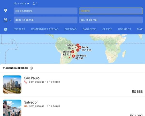 Inserindo destino Google flights