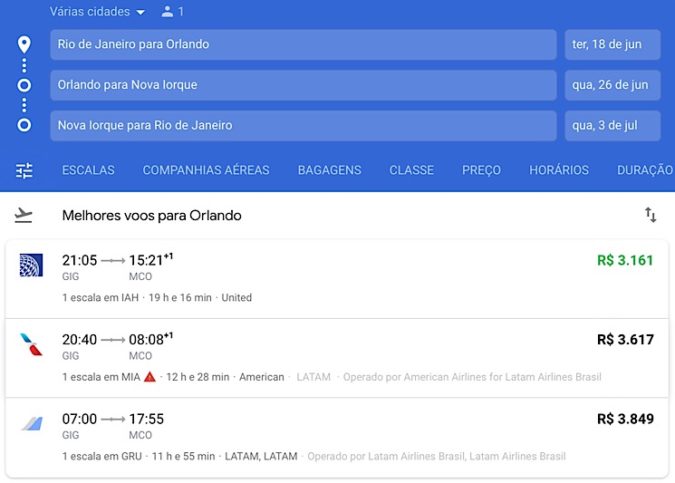 Selecionando primeira passagem múltiplos destinos Google flights