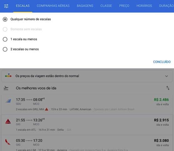 Filtros Google flights