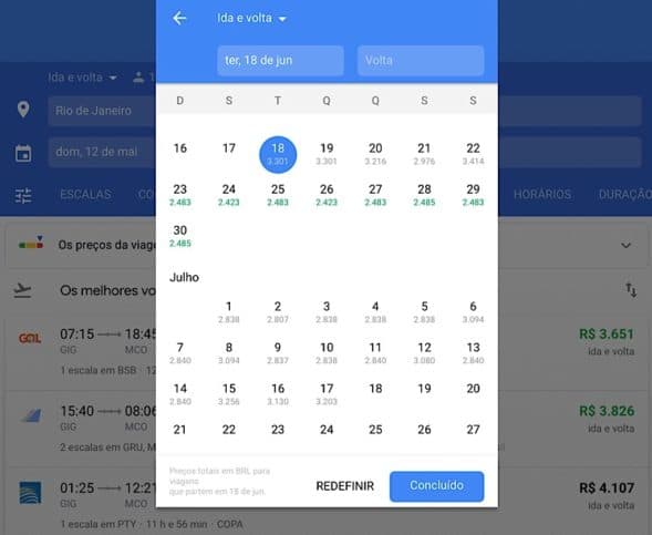 Escolhendo data Google flights