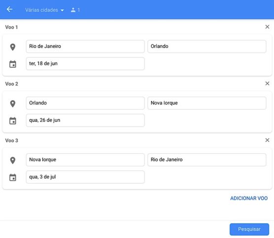 Escolhendo múltiplos destinos Google flights